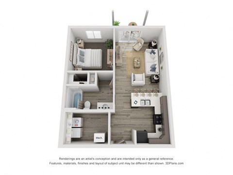 Floor plan for 1 bed, 1 bath, 683 sqft